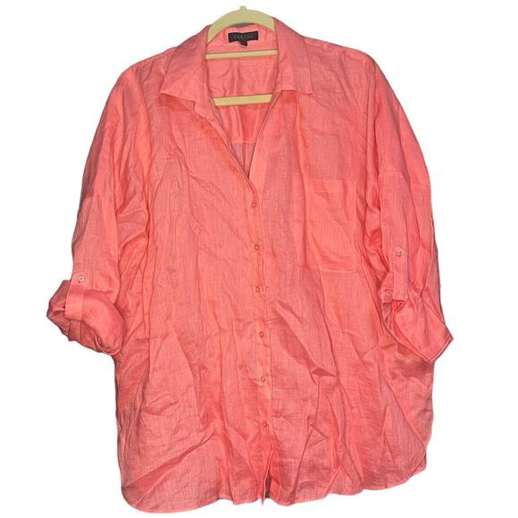 Caroll Paris Orange Women's 100% Linen Button Down Size L - Picture 1 of 5